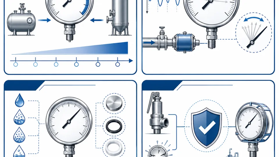 Pressure gauge overpressure protection selection matrix for range and pulsation