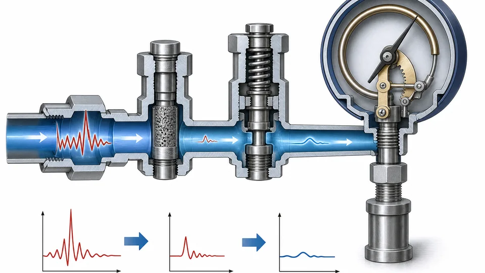 Snubber and pressure limiter protecting a Bourdon tube pressure gauge