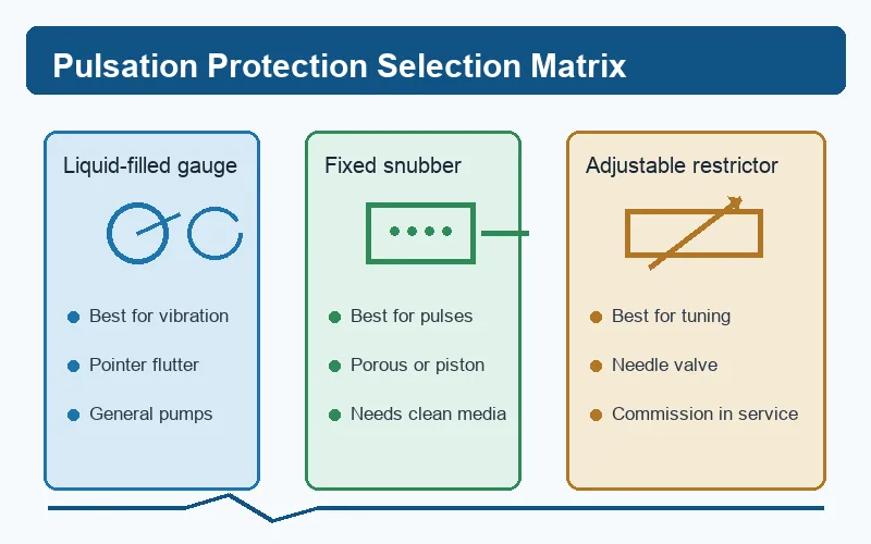 Selection matrix comparing liquid-filled gauges fixed snubbers and adjustable restrictors