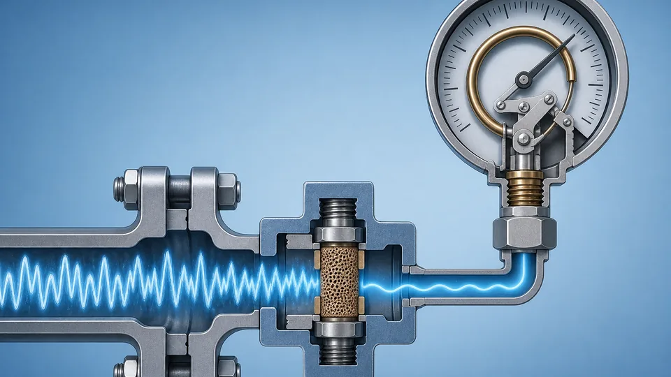 Cutaway of pressure gauge snubber damping pulsation before the Bourdon tube