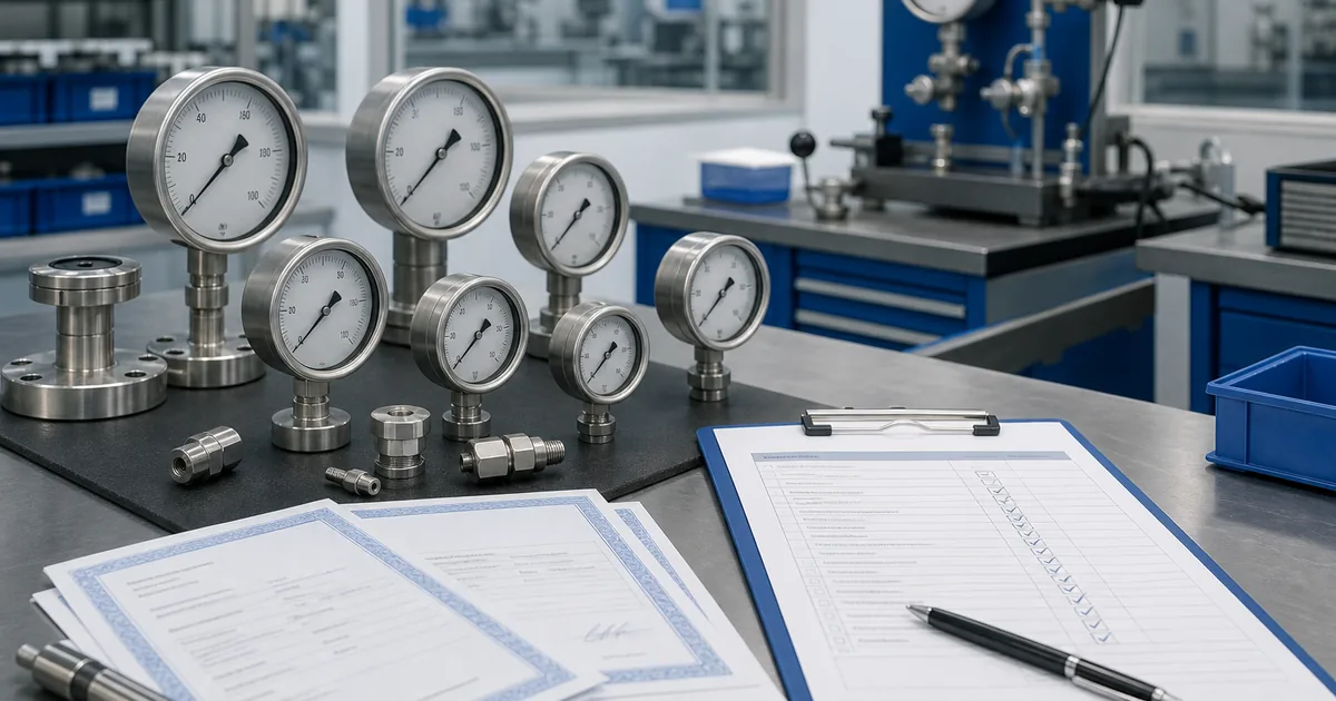Supplier audit desk with inspection records and sample pressure gauges