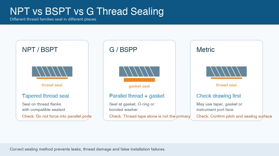 NPT BSPT G and metric pressure gauge thread sealing comparison diagram showing thread seal and gasket seal methods