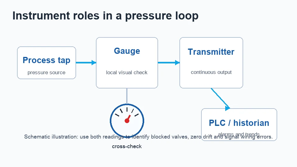 Pressure loop schematic showing process tap, local gauge, pressure transmitter and PLC historian
