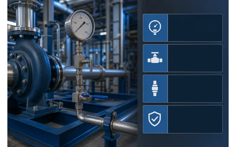 Solid-front pressure gauge RFQ installation checks on a high-pressure pump discharge skid