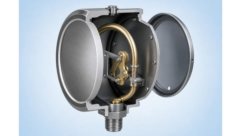 Cutaway schematic of solid-front safety pressure gauge case with Bourdon tube and blow-out back