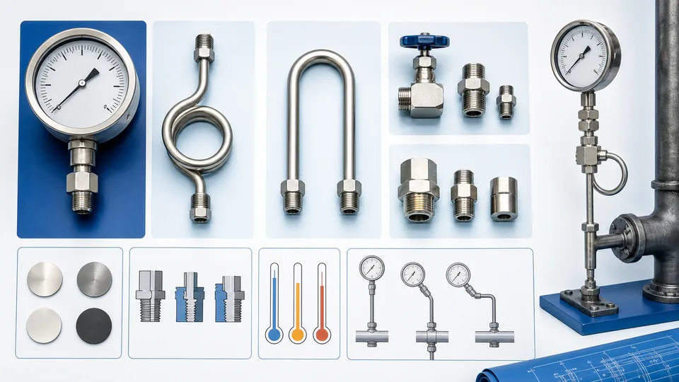 Steam pressure gauge siphon RFQ parts including pigtail U-type siphon valve and adapters