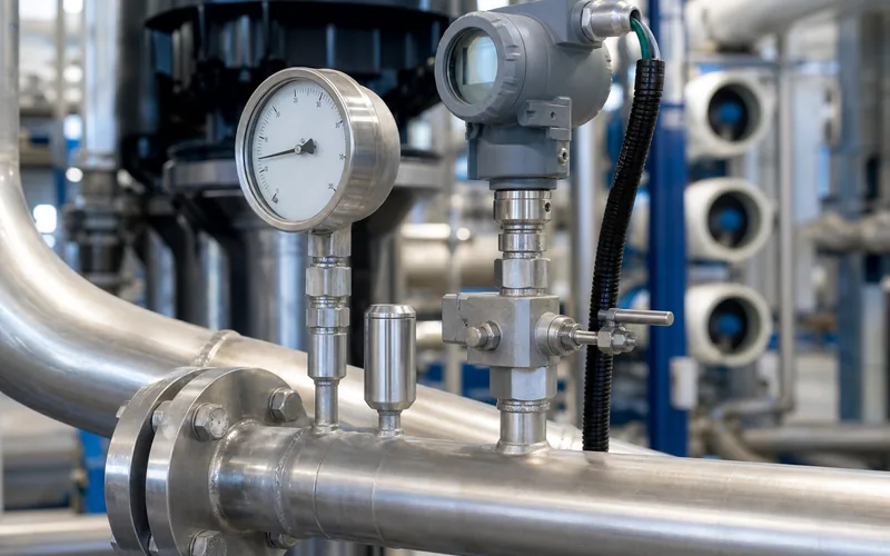 Stainless pressure gauge and transmitter installation on a seawater reverse osmosis high pressure pump discharge line