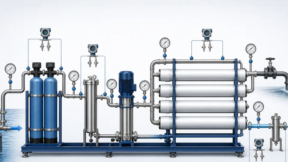 SWRO pressure monitoring points across intake pretreatment high pressure pump membrane vessels and concentrate line