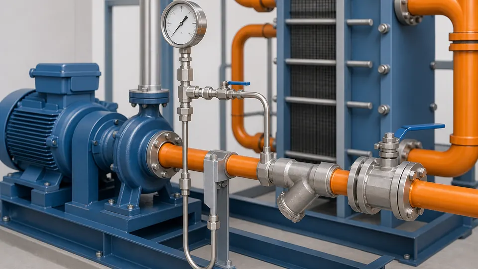 Thermal oil pump and strainer pressure monitoring points with isolated pressure gauge