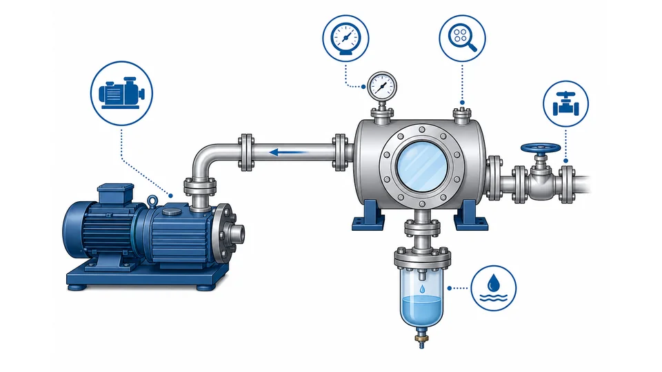 Vacuum system measuring points around pump chamber trap and gauge port