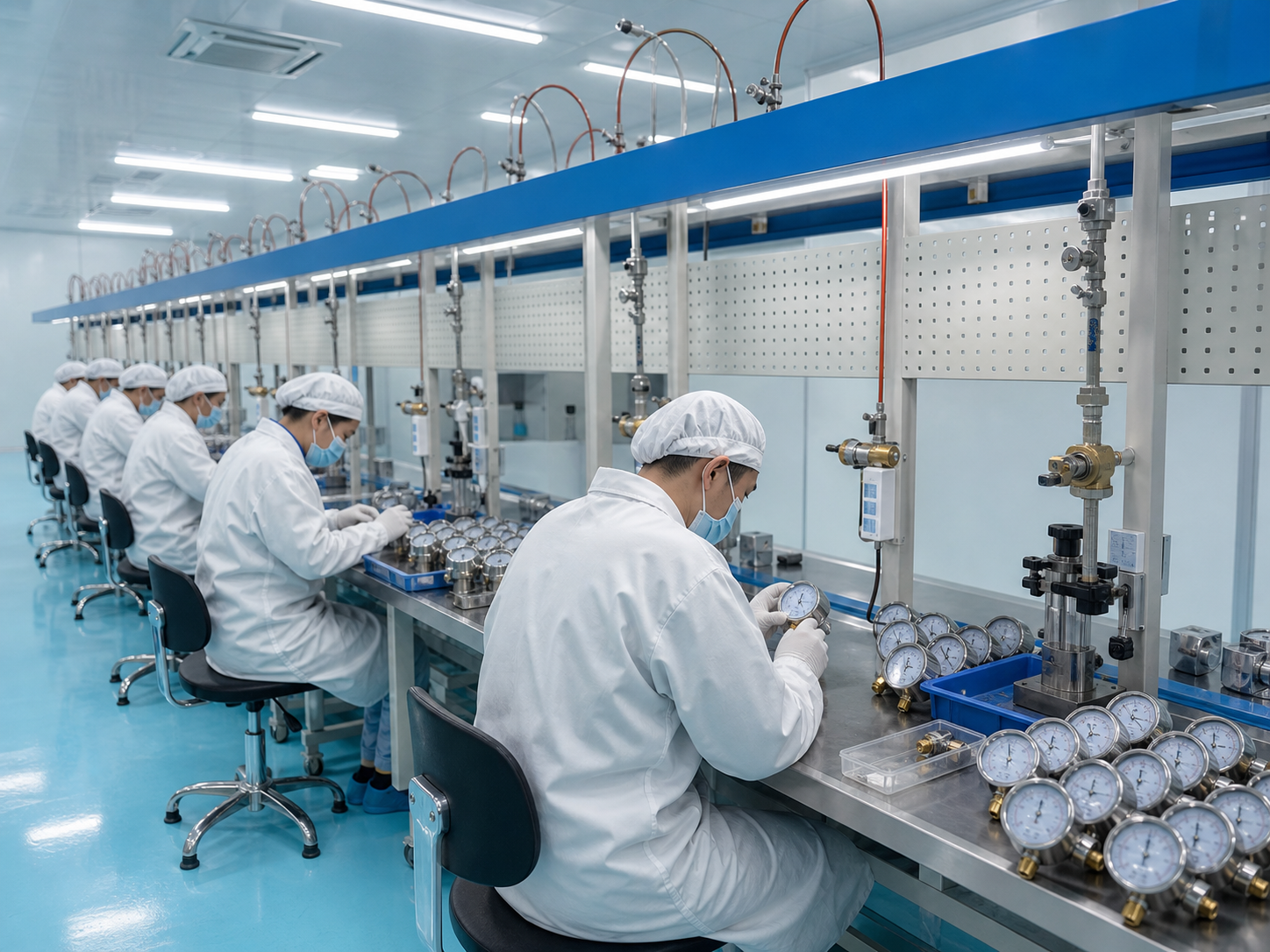 Cleanroom assembly line — white-gowned operators hand-assemble Manogauge pressure gauges under positive-pressure HEPA ventilation and overhead pressure-testing rigs