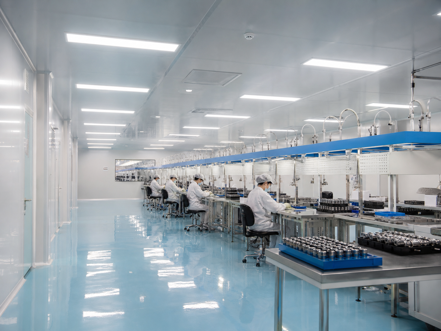 Wide-span cleanroom floor — reflective epoxy flooring and sealed ceiling panels keep the assembly zone dust-free and easy to audit